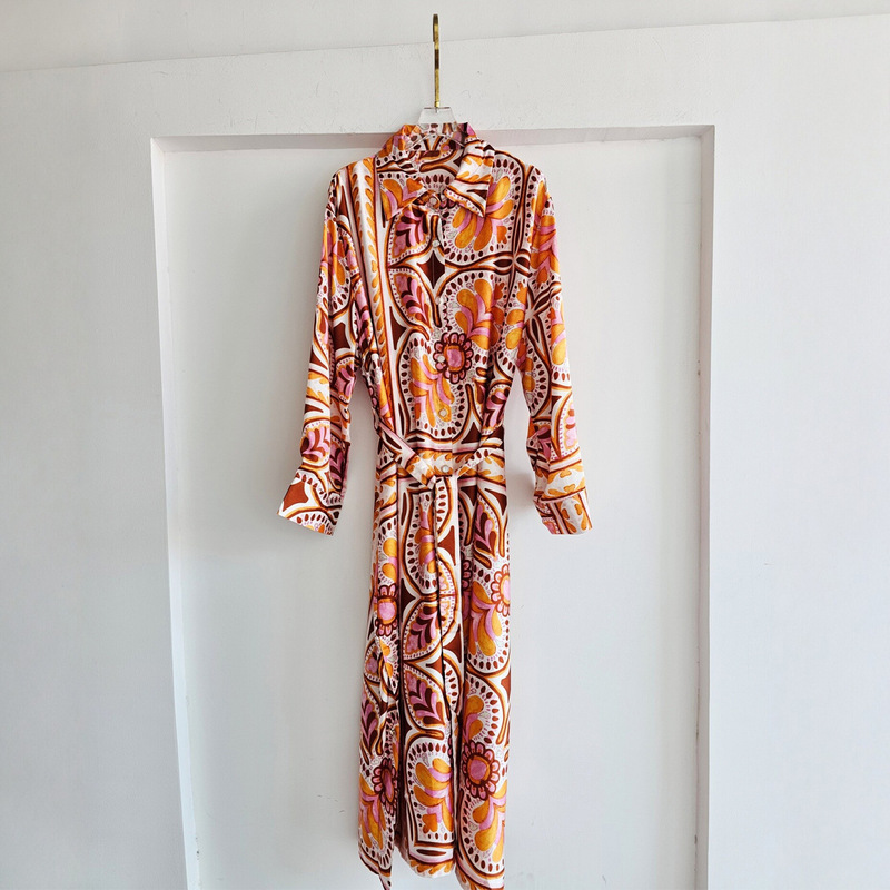 Flowing Floral Pattern, French-Style Silky Satin Long-Sleeve Dress for Women, Summer Elegant Long-Sleeve Collared Shirt Dress Flowing Floral Pattern, French-Style Silky Satin Long-Sleeve Dress for Women, Summer Elegant Long-Sleeve Collared Shirt Dress
