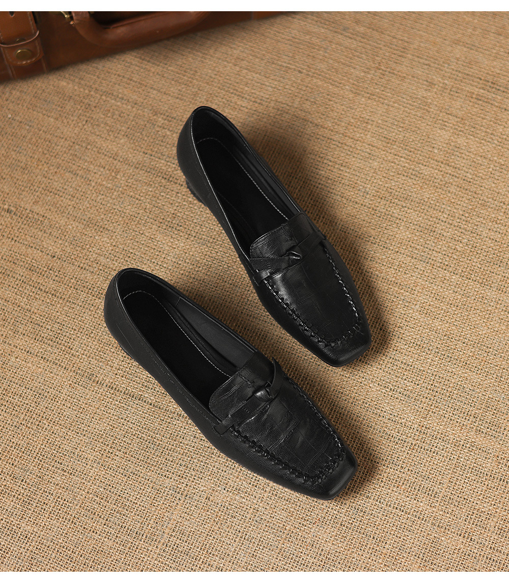 Giày lười nữ da cừu gót thấp 3 cm, mũi tròn dệt vintage, cổ sâu — đen chi tiết 20
