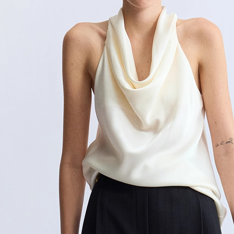 2026 In-Stock Uni/Simple Luxury Fashionable Japanese Imported Triacetate Double-Sided Satin Glossy Slimming Halter Top