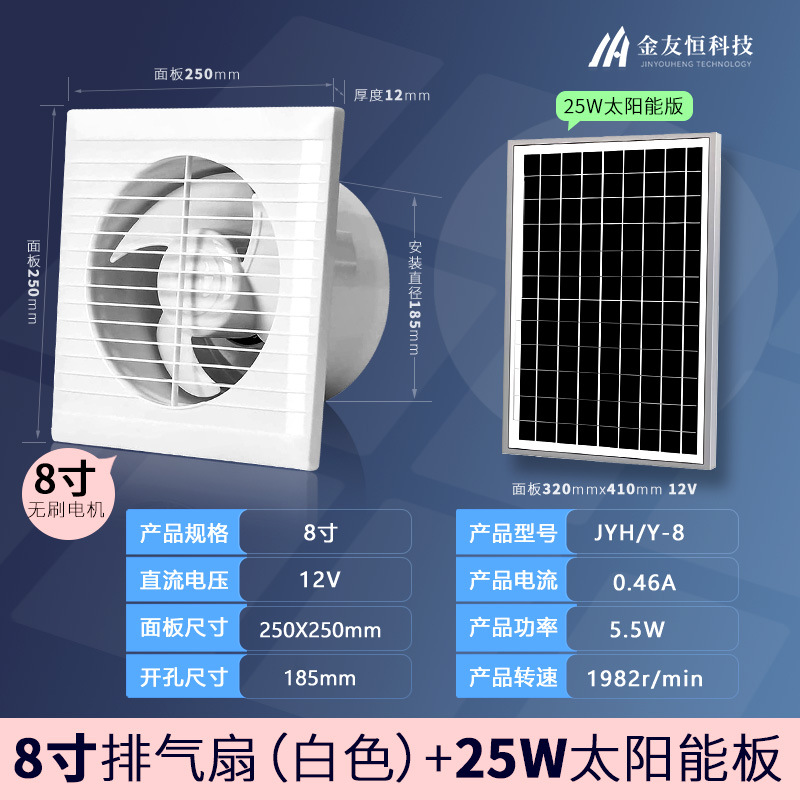 브러시리스 - 흰색 원형 8인치 12V 팬 + 25W 태양광 패널