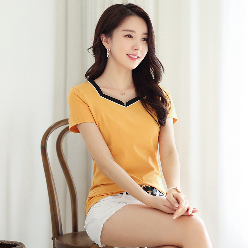 Contrast Color Square Collar T-Shirt 2026 Summer New Style Pure Cotton Versatile Korean Style Slim Fit Women's Top T-Shirt 7319