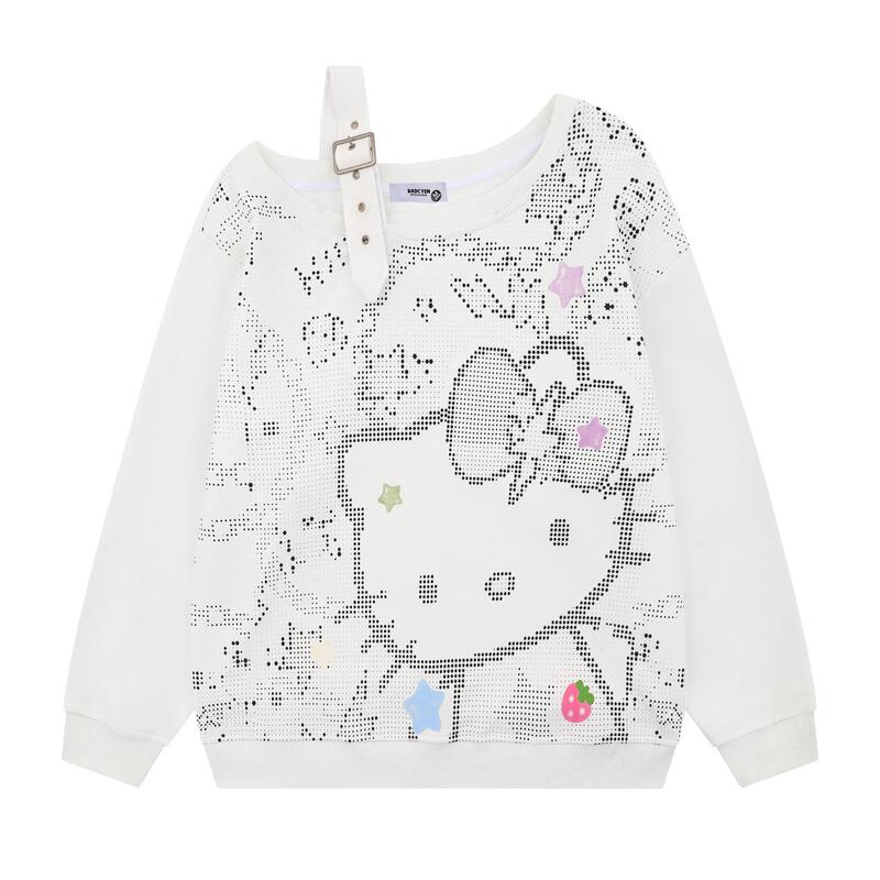 Korean Chic Sweet and Cool Style Kitty Cat Print Slanted Shoulder T-Shirt for Women and Men Niche Design Chic Lazy Off-Shoulder Top