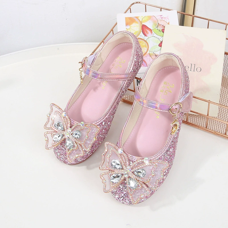 Кожаная обувь Aisha Princess 2024, весна и осень, новая обувь принцессы с блестками и бантом, обувь на плоской подошве для девочек