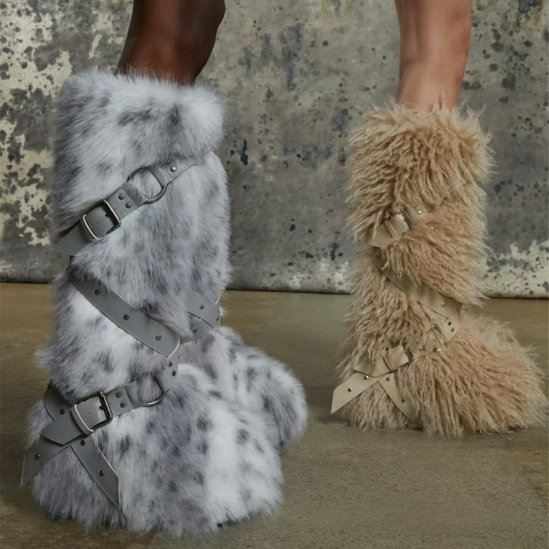 2025 New Style Hot Girl Leopard Print High-Top Lace-Up Fur Boots Women's Subculture Plush Studded Fur Snow Boots 2025 New Style Hot Girl Leopard Print High-Top Lace-Up Fur Boots Women's Subculture Plush Studded Fur Snow Boots