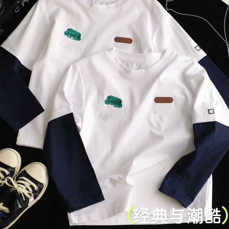 ———小童秋款拼接打底衫 F家蔬菜刺绣logo棉假两件T恤 一件代发|undefined