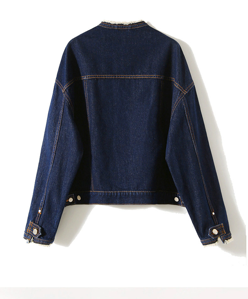 Áo khoác denim nữ cổ tròn tay dài màu xanh đậm phong cách vintage tôn dáng — Màu xanh đậm chi tiết 9