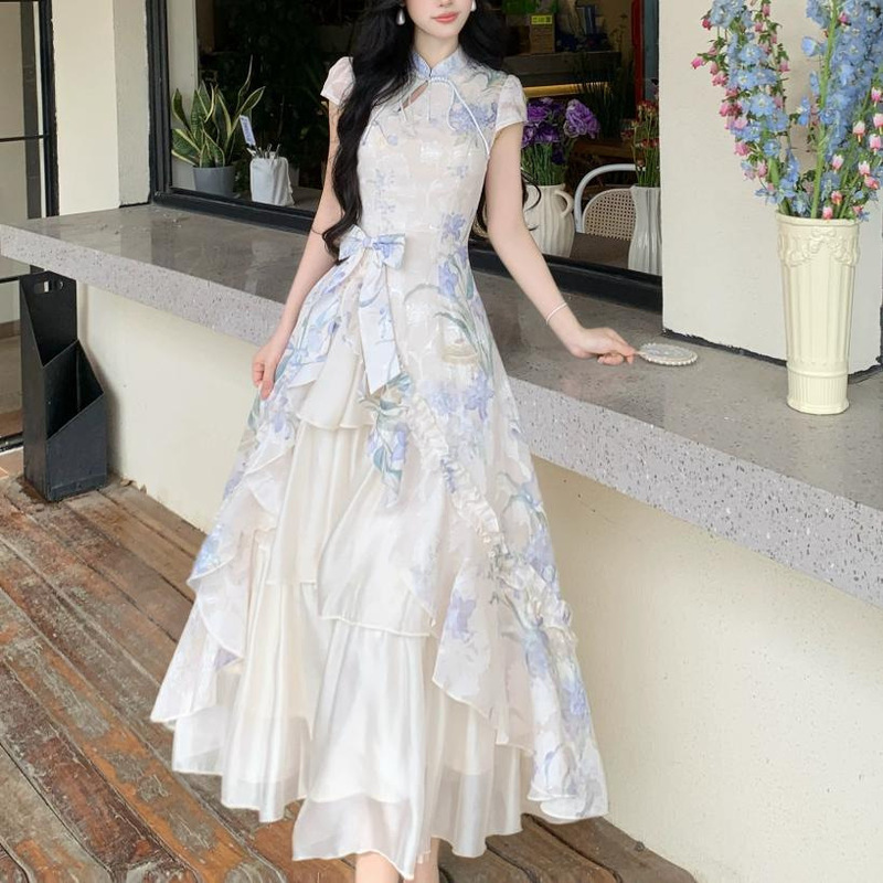 Blovelan Orchid of the Empty Valley: Elegant New Chinese Style Printed Modified Qipao with Irregular Patchwork and Large Hem Dress