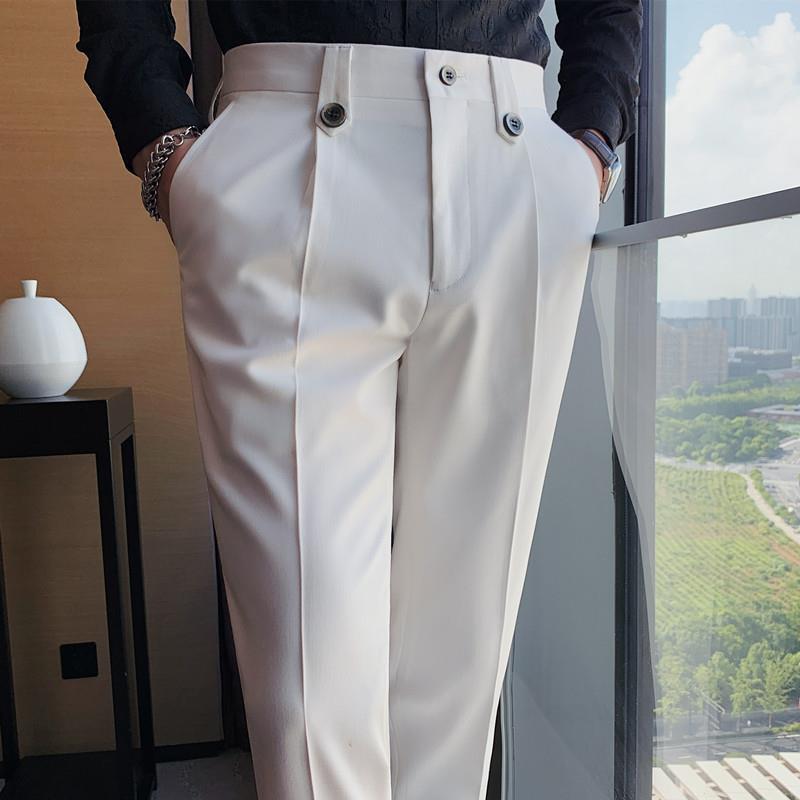Otoño texturizado pantalones de traje de hombre flaco pantalones casuales pantalones de color sólido botón decorativo estilo coreano slim fit pantalones de moda hombres