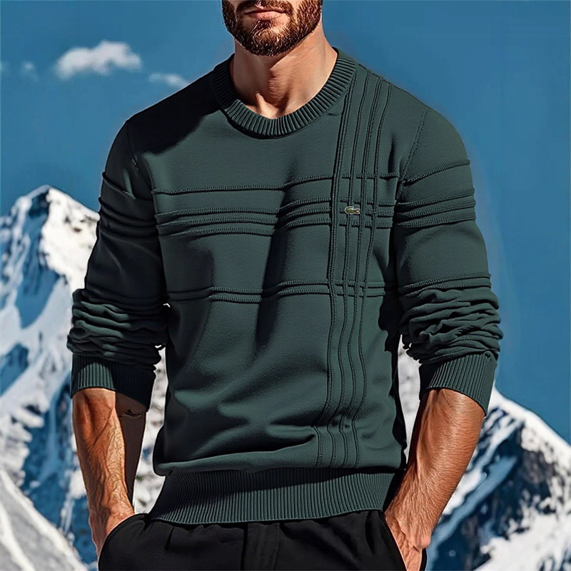 2025 Crocodile Logo Embroider Autumn and Winter New European Size Cross-Border Men's Round Neck Pullover High Quality Pure Color Sweater