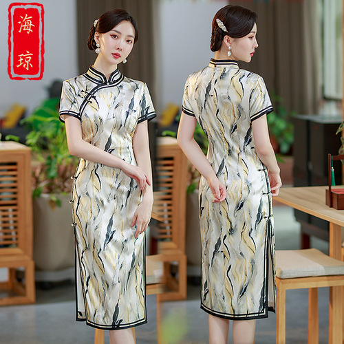 Blue striped mulberry silk qipao retro chinese dress for women young female elegant temperament of high-grade real silk long  dresses