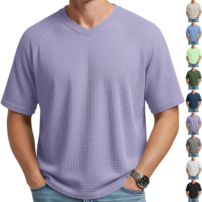 Europa y los Estados Unidos primavera y verano estación independiente transfronteriza hombre moda waffle tejido multifuncional manga de hombro cuello V camiseta de hombre de manga corta