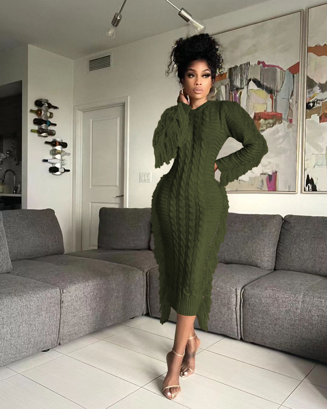 Robe pull femme avec franges longues en maille pour l'hiver_voghion.com