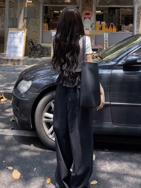 甜酷辣妹美式风花边工装休闲裤女夏季设计感黑色宽松显瘦阔腿裤子|undefined