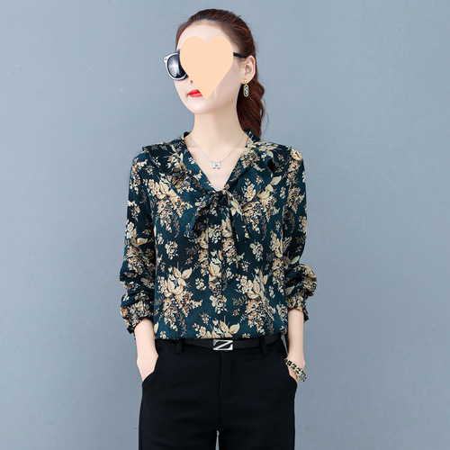 2025 chiffon blouse new high-end floral chiffon women's Korean version stylish women's long-sleeved tunic top