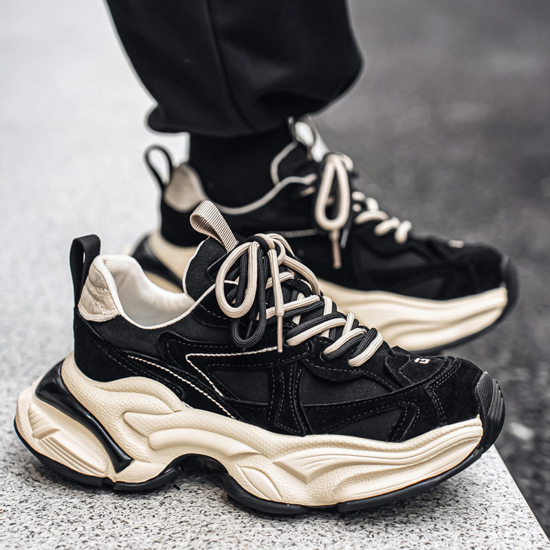 Giày sneaker nam phong cách giày bố đế lốp, da nhân tạo, gót 3–5 cm — màu vàng, màu xám đen, đen