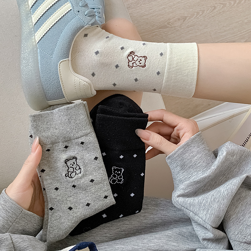 2025新款波點小熊襪子女堆堆襪春夏季薄款百搭日系可愛卡通中筒襪