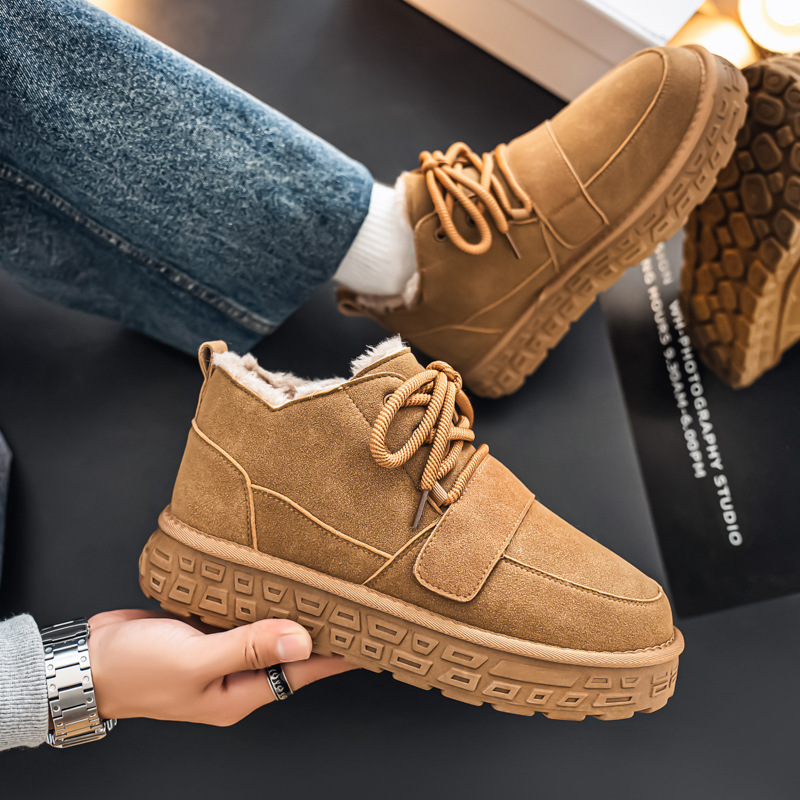 Men's Snow Boots, Thickened, Fashionable, Casual, Large Size 45, Work Shoes, Autumn and Winter, Fleece-Lined, Warm, Mid-Top Cotton Shoes, Suede Surface