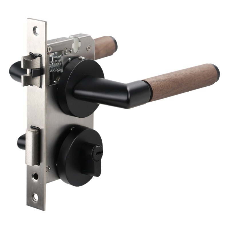 Manija de puerta vintage de madera de nogal negro y gris, cerradura de puerta de madera maciza, cerradura de puerta magnética silenciosa, cerradura de manija sólida de aleación de aluminio