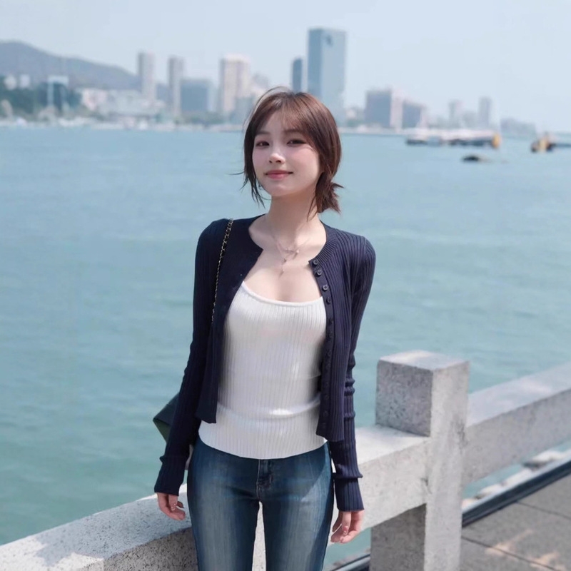 早秋季慵懒风藏蓝针织开衫吊带两件套2025新款短款小上衣毛衣外套|undefined