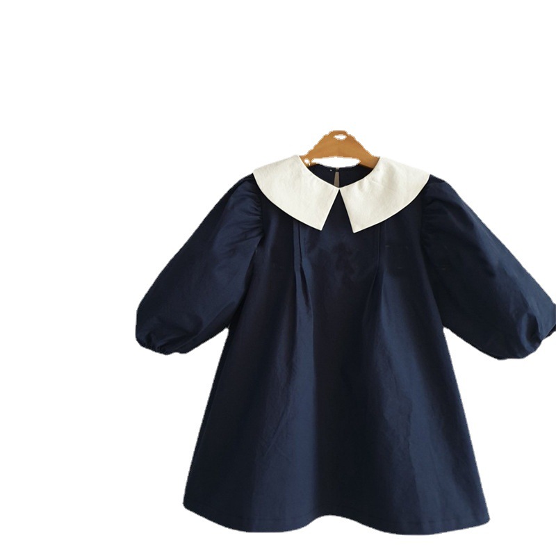 INS estilo coreano niñas 'primavera y otoño nuevo vestido moda estilo simple casual temperamento solapa puff manga vestido