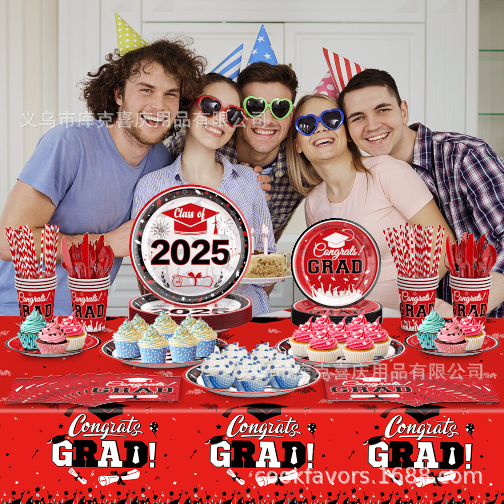 Nueva temporada de graduación roja y negra decoración de fiesta temática de la ceremonia de graduación bandeja de papel desechable tazas de papel toallas de papel cubiertos de fiesta