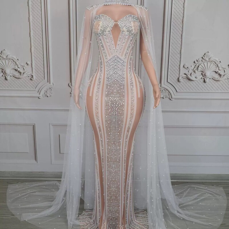 New Deep V Bright Diamond Luxury Cocktail Party Evening Wear Miss Universe Beauty Pageant Model Catwalk Performance Clothing