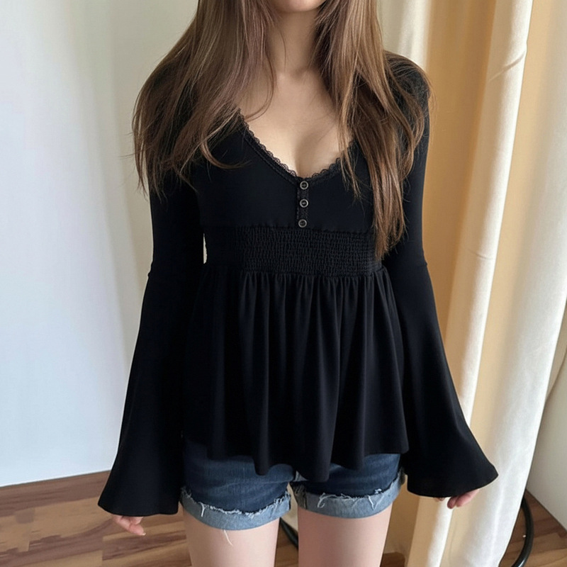 Purely Alluring Girl's Lace-Trimmed Doll Collar Waist-Cinching A-Line Hem Long-Sleeve T-Shirt, Sweet and Spicy Ruched Slimming Top Purely Alluring Girl's Lace-Trimmed Doll Collar Waist-Cinching A-Line Hem Long-Sleeve T-Shirt, Sweet and Spicy Ruched Slimming Top