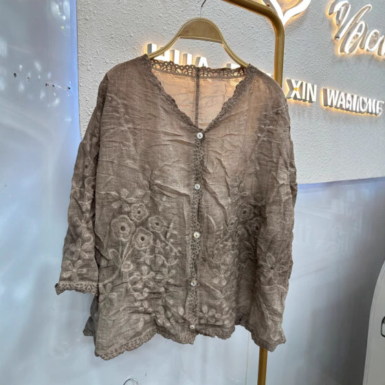 2025 Summer New Vintage Casual All-match Embroidered Flower Cotton Buckle Cardigan Top Thin Breathable Shirt