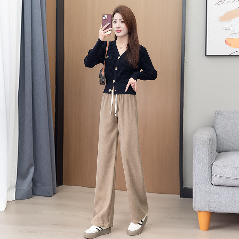 秋冬新款奶咖色拖地直筒加绒裤垂感宽松休闲裤显腿细直阔腿裤女款