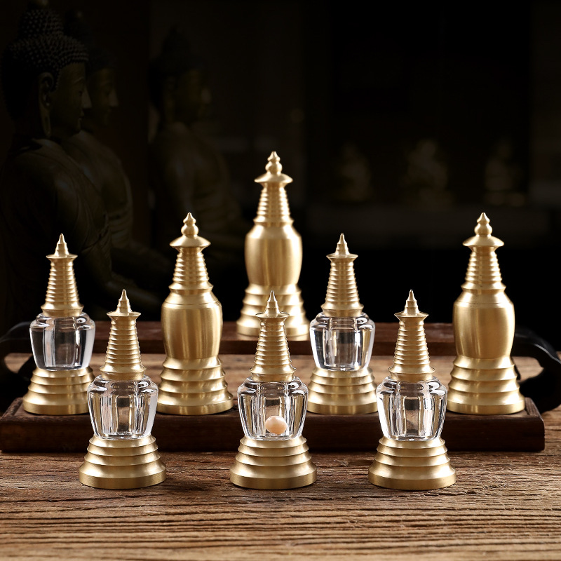 Brass reliquary stupa small ornament Buddhist pagoda sarira acrylic crystal GAWU box white pagoda treasure vase container display ornament