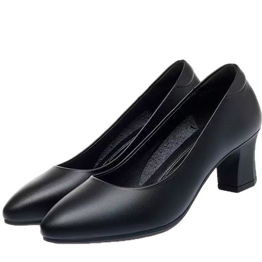 2026 verano nuevos zapatos negros de una sola sola mujer no se cansa de los pies de talón medio profesional zapatos de trabajo de talón grueso