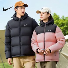 拼接撞色羽绒服2024时尚潮流立领情侣款连帽休闲运动白鸭绒外套女
