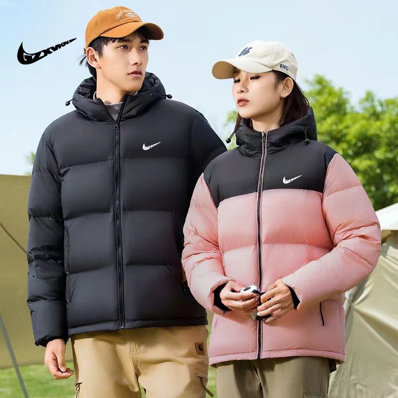 Spliced Contrasting Color down Jacket 2024 Fashion Trendy Stand Collar Couple Style Hooded Casual Sports White Duck down Jacket for Women
