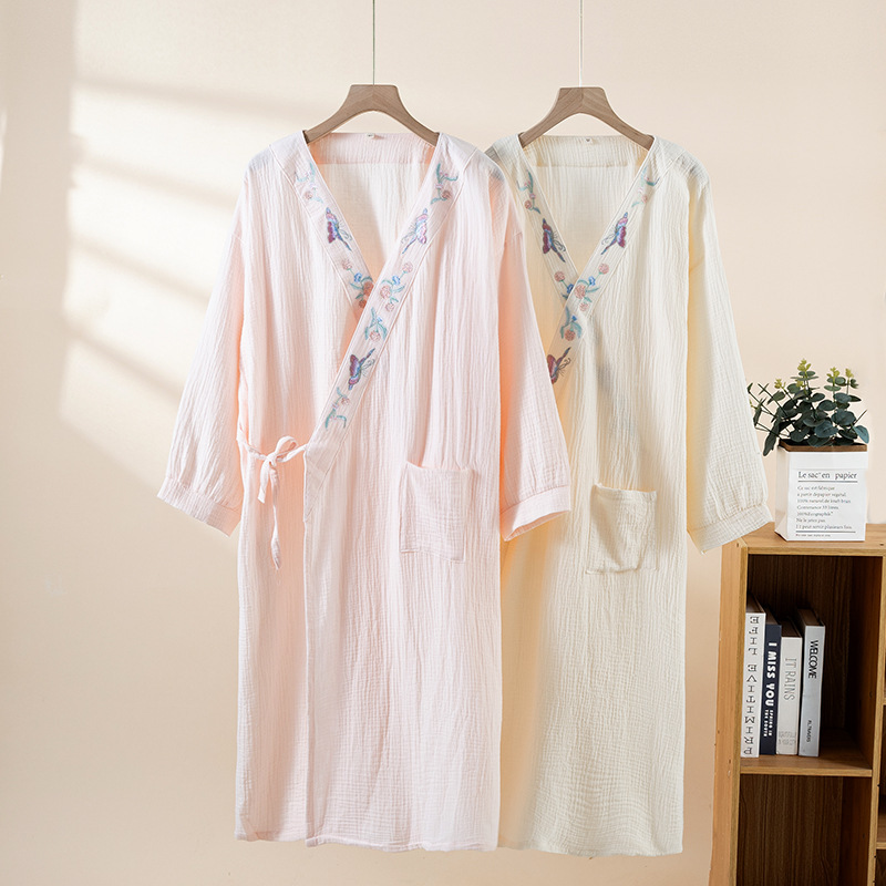 Japanese-Style Spring and Summer Thin Embroidered Kimono Robe for Women, Pure Cotton Gauze Bathrobe, Long Hanfu Dressing Gown, Pajamas, Bathrobe