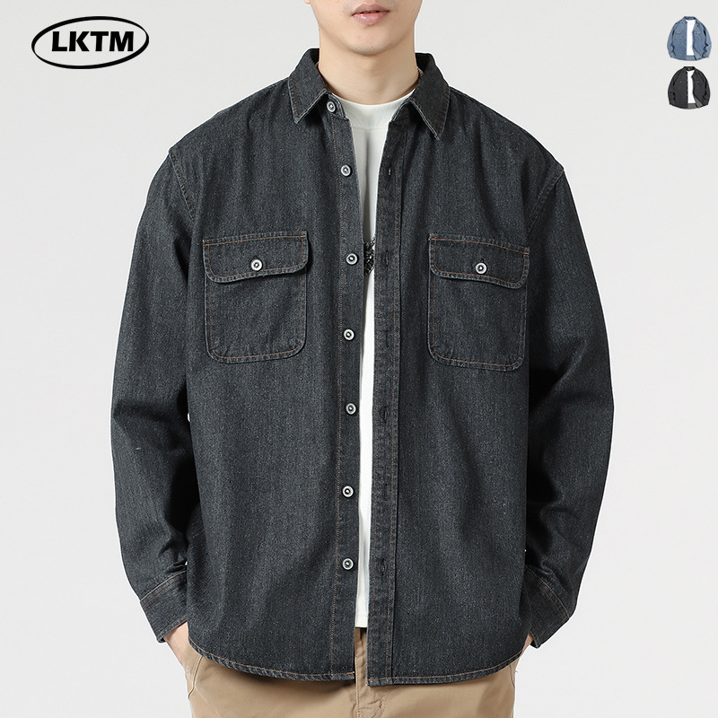LKTM男装#美式复古水洗原牛色牛仔衬衫男士工装休闲长袖衬衣外套