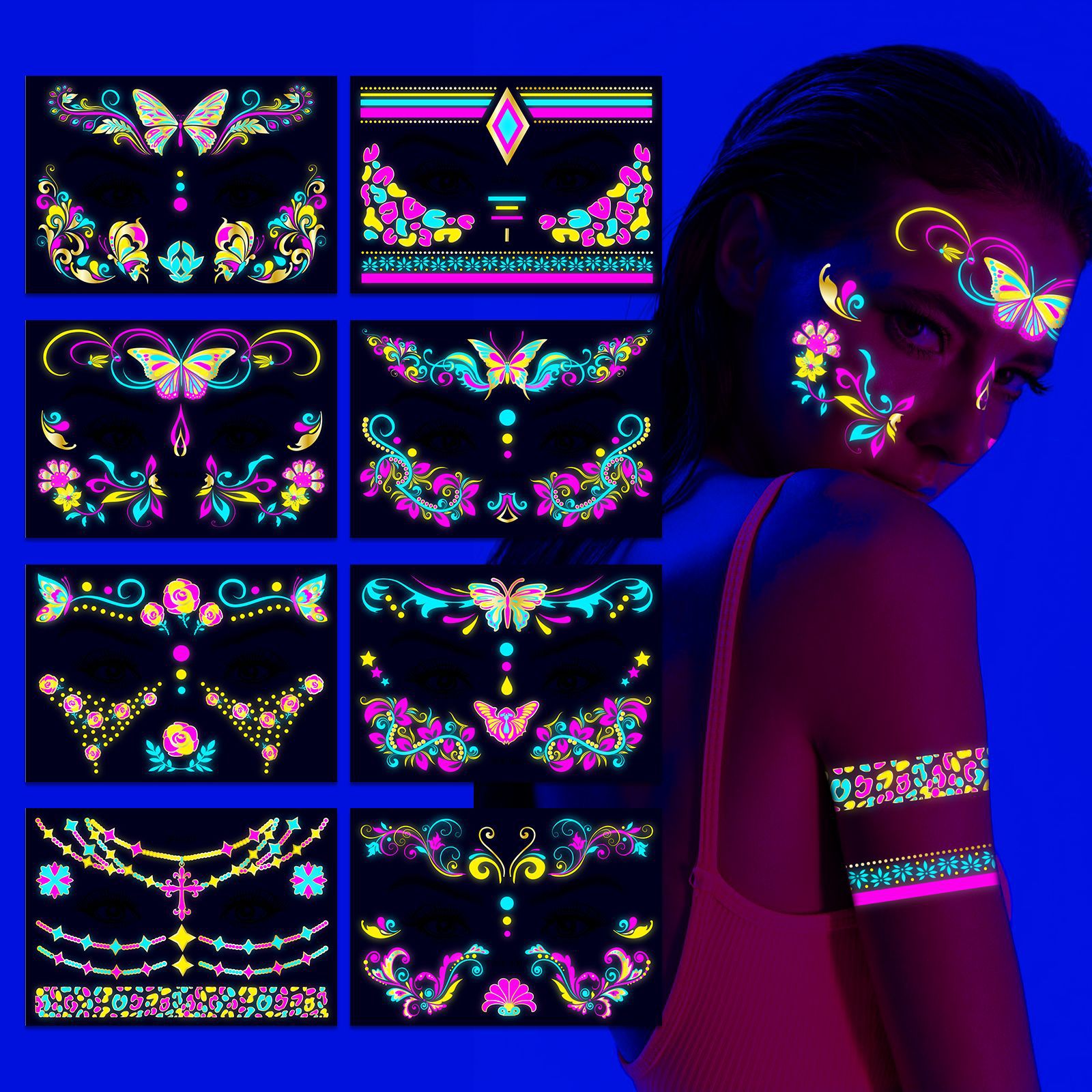 Tatuaje Temporal Facial Fluorescente de Papel de Transferencia de Agua, Impermeable y Luminoso, para Festival de Música y Discoteca