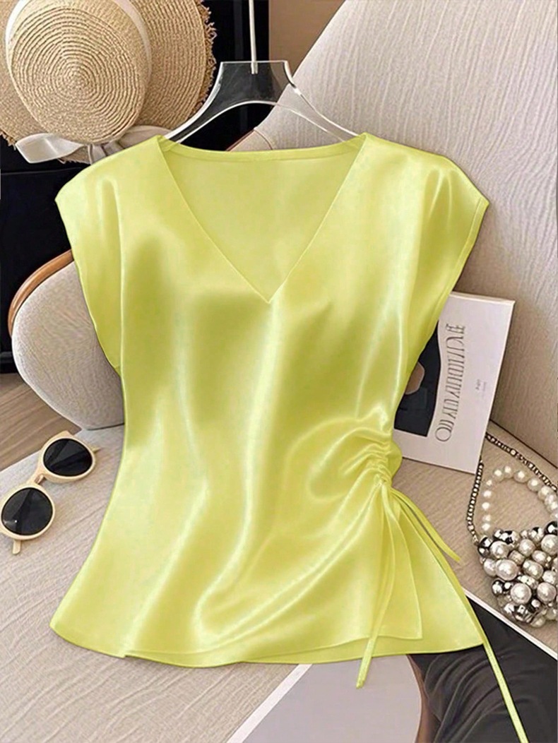 Damen Satin Bluse Mit V-ausschnitt Elegantes Sommer Oberteil_voghion.com
