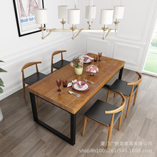 北歐實木餐桌椅組合家用長方形飯店桌子現代餐廳火鍋桌鐵藝長條桌