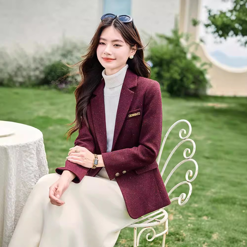 Autumn fashionable elegant burgundy classic suit jacket