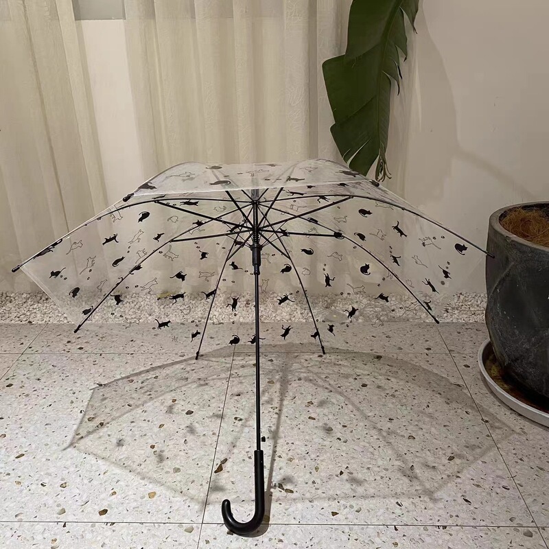 アメリカの雨季に日本の怠惰な猫黒猫の傘の長い柄の透明な傘の自動透明な傘のdiy色絵の雨|undefined