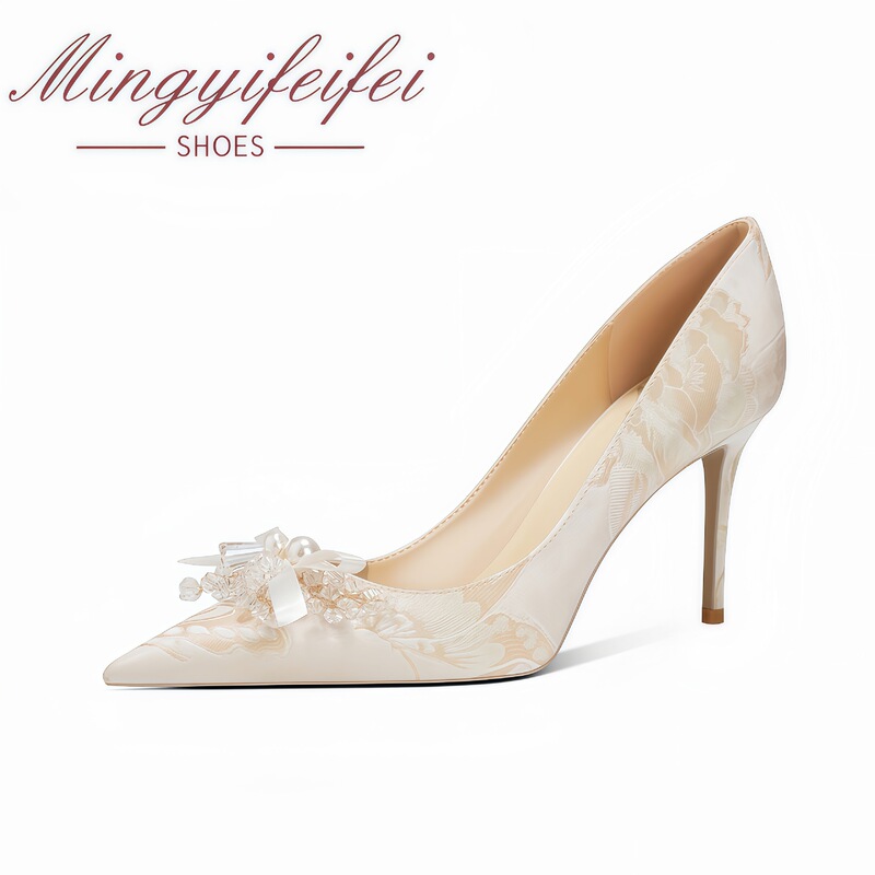Genuine Leather 2026 New Style Satin Pearl Bow Pointed Toe High-Heeled Shoes for Women's Banquet Dresses, New Bridesmaid Wedding Shoes