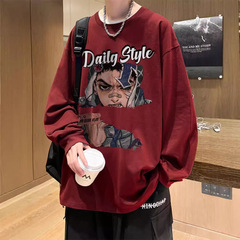 ワインレッド純綿長袖tシャツ男子秋潮牌大サイズ丸首底シャツアニメプリント重ポンド上着
