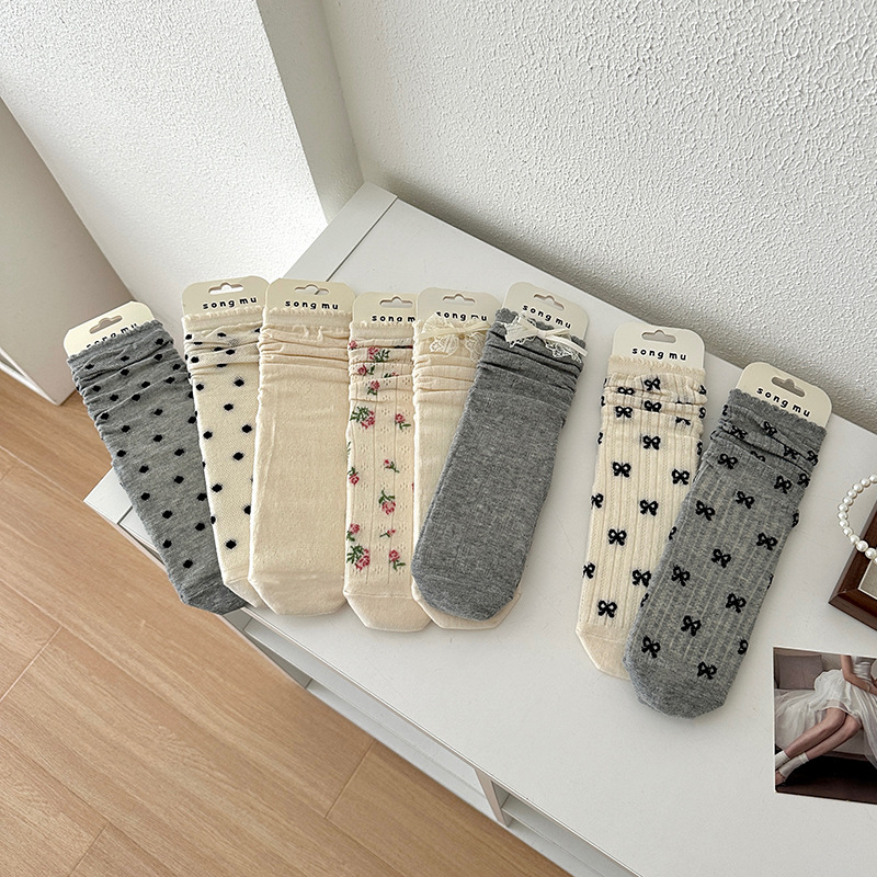BM風網紅蝴蝶結襪子春夏女夏季薄款木耳邊堆堆襪灰色波點棉襪