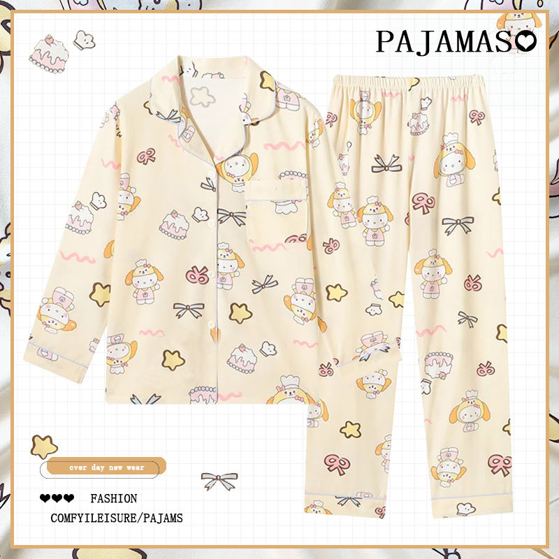 Pijamas a cuadros de algodón para mujer primavera y otoño 2025 nuevo estilo lindo traje de servicio a domicilio de manga larga de perro de pudín estilo ins