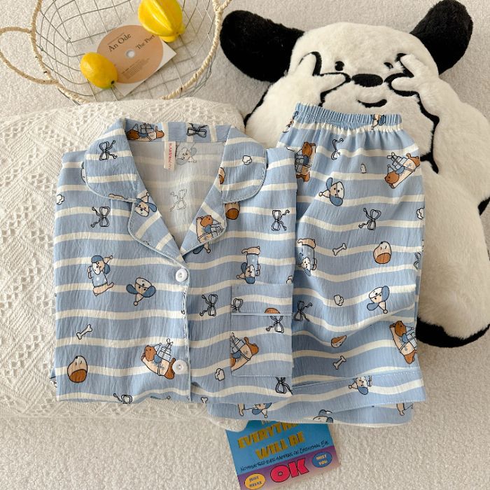 Al por mayor transfronterizo verano nuevo cardigán de dibujos animados nubes de algodón pijama de manga corta conjunto de ropa dulce de mujer se puede usar fuera