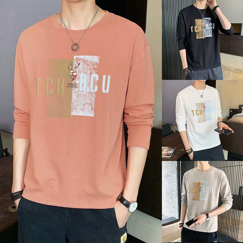 Los hombres de manga larga Camiseta cuello redondo juventud de los hombres pullover moda impresa desgaste exterior camisa de fondo delgada ropa de otoño