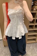 甜美风白色蝴蝶结绑带收腰显瘦抹胸背心女夏季法式荷叶边别致上衣