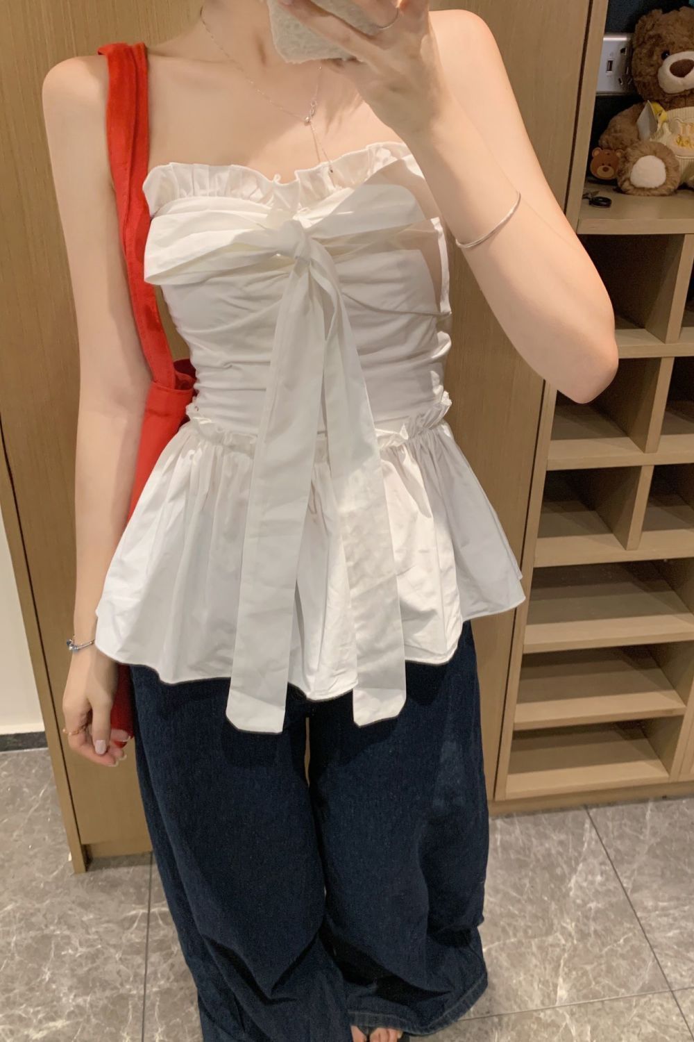 甜美风白色蝴蝶结绑带收腰显瘦抹胸背心女夏季法式荷叶边别致上衣