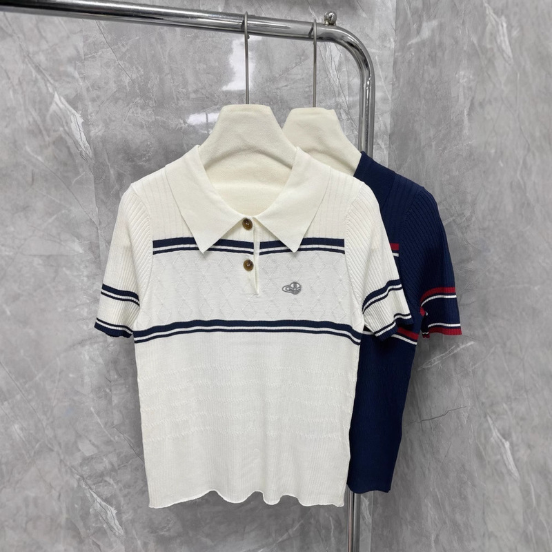 2025 Summer New Nanyou Gaoding Vi Simple Casual Contrast Color Stripe Saturn Embroidered Lassel Knitted Short Sleeve Women