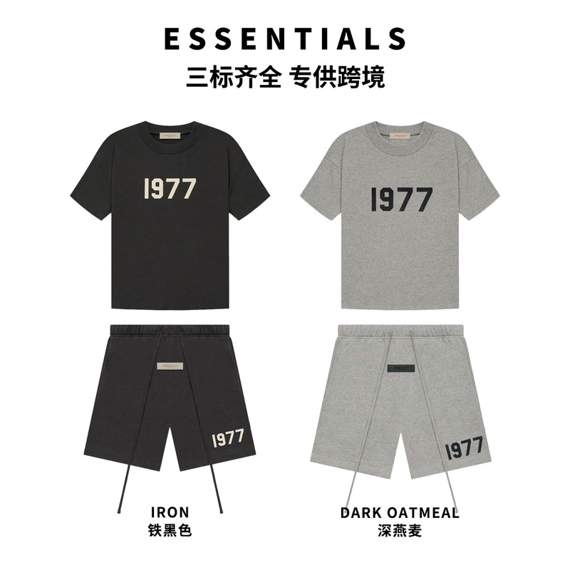 Fog Double Line Ess Short-Sleeved Shorts Set 1977 Flocking Print Cross-Border Clothing American Style Loose Short-Sleeved Men's T-Shirt Fog Double Line Ess Short-Sleeved Shorts Set 1977 Flocking Print Cross-Border Clothing American Style Loose Short-Sleeved Men's T-Shirt